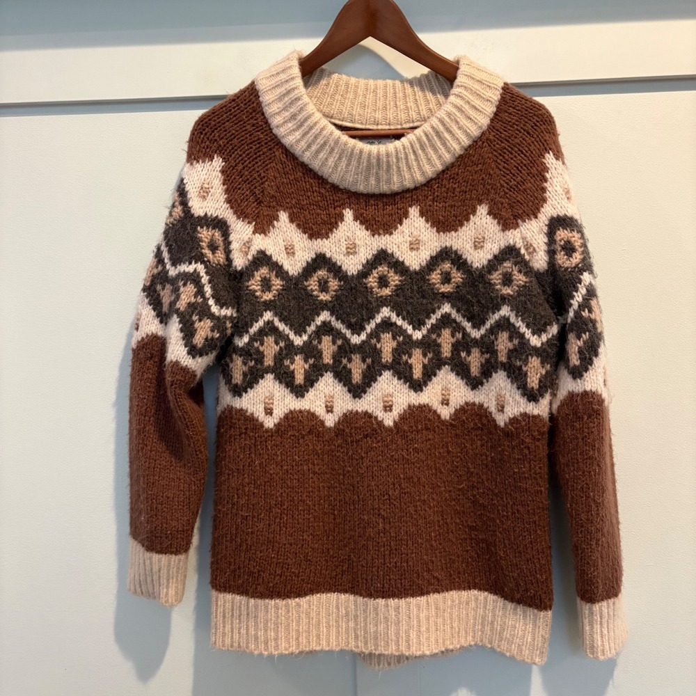 Aerie Fair‎ Isle Knit Sweater XS Camel Brown Cream Wool Blend Cozy Soft